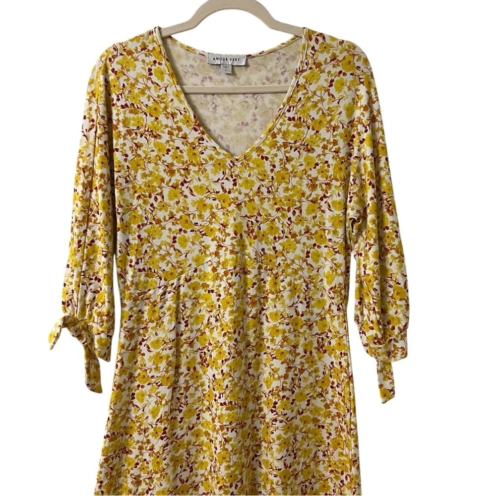 Amour Vert Cali Reverie Organic Cotton Jersey Midi Dress Yellow Floral Large - Picture 2 of 6